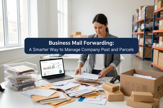 Business manager sorting company letters and parcels at a UK mail-forwarding desk.