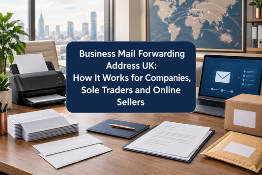 UK business mail-forwarding desk with blank envelopes, document scanner, digital mailbox and forwarding materials.⠋