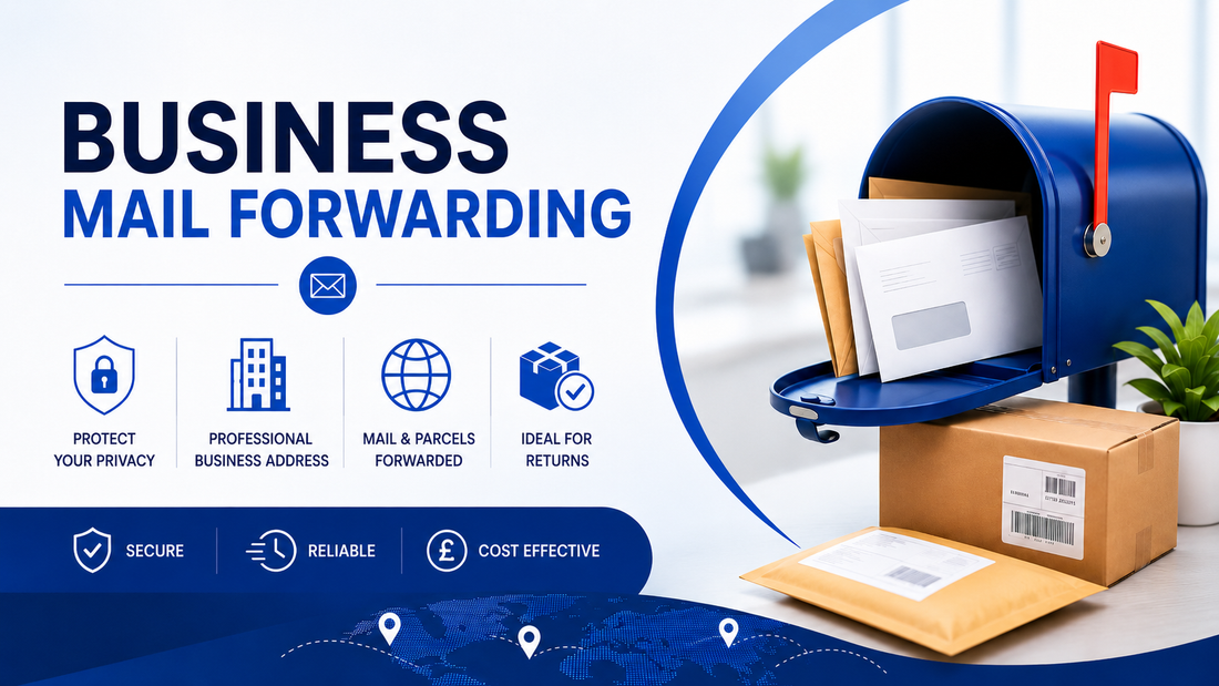 Business mail forwarding banner showing letters, parcels and a professional mailbox service for privacy, business address use and ecommerce returns.