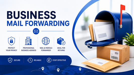 Business mail forwarding banner showing letters, parcels and a professional mailbox service for privacy, business address use and ecommerce returns.