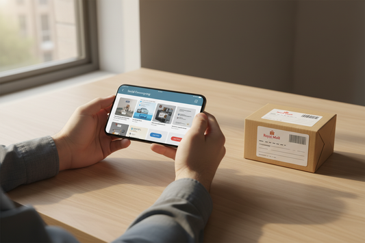 Overseas seller holding a smartphone with a shopping app beside a UK-labelled parcel, illustrating how to sell on TikTok Shop UK from abroad