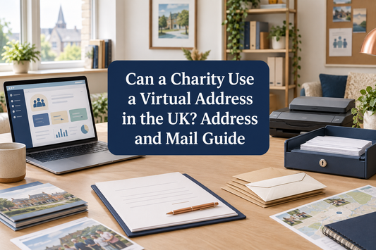 UK charity administration desk with trustee documents, donation envelopes, secure mail tray and document scanner.