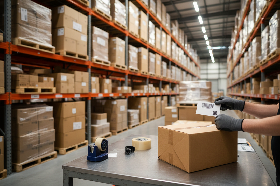 Low cost UK warehouse address for Shopify returns, parcels being labelled and processed at a commercial premises