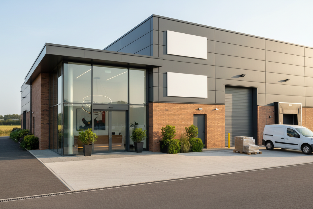 Close-up modern UK warehouse and office entrance with glass reception, loading bay and green planters