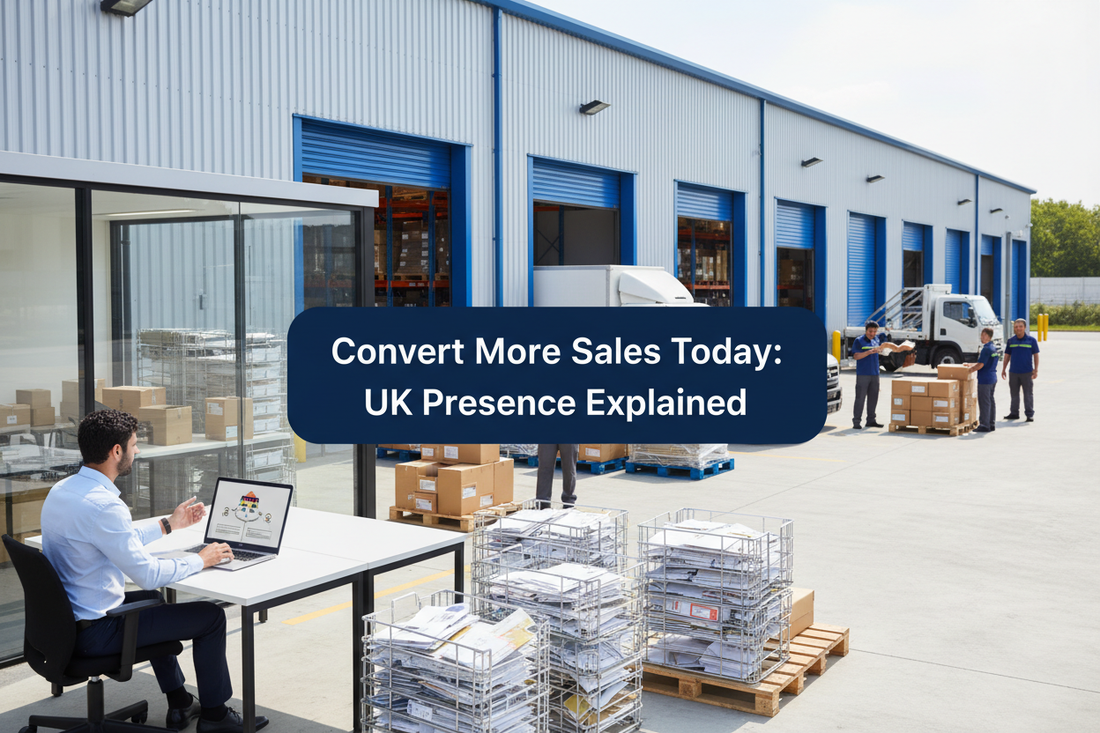 Bright UK warehouse office with ecommerce parcels, mail trays and returns handling.