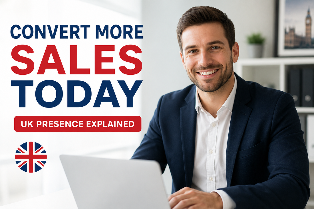 Smiling businessman with laptop promoting UK presence to help businesses convert more sales today.