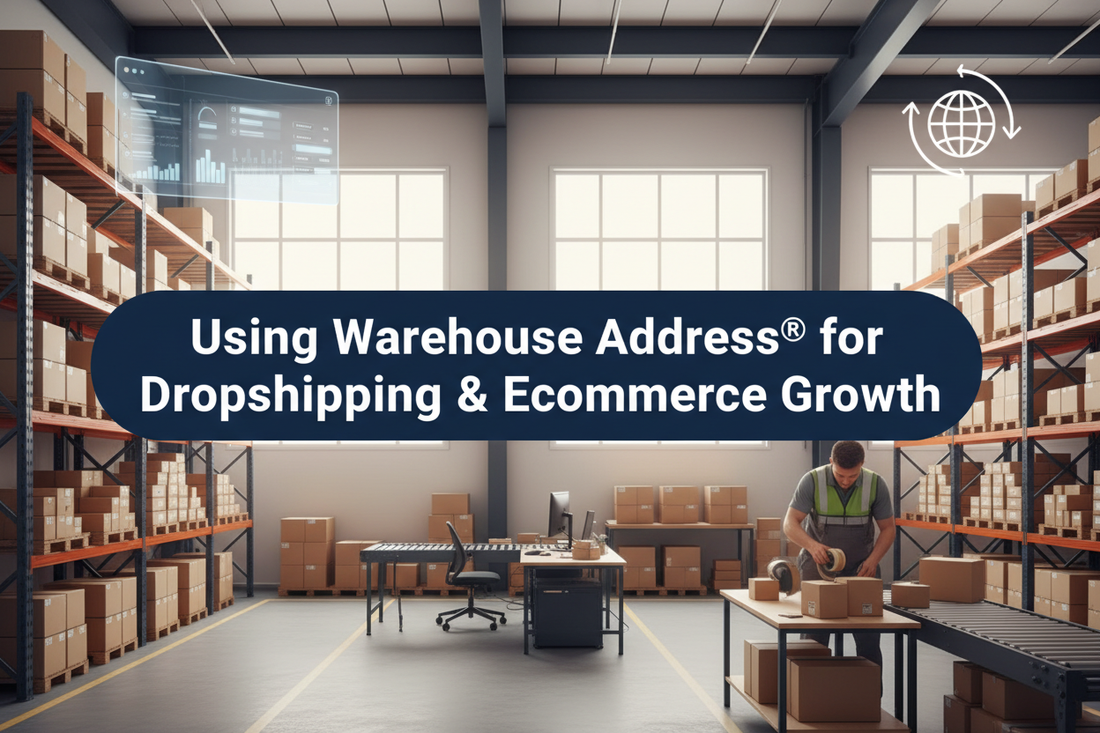 Professional UK warehouse with organised parcels, pallet racking, returns handling and ecommerce order preparation, representing dropshipping growth with a banner reading “Using Warehouse Address® for Dropshipping & eCommerce Growth”