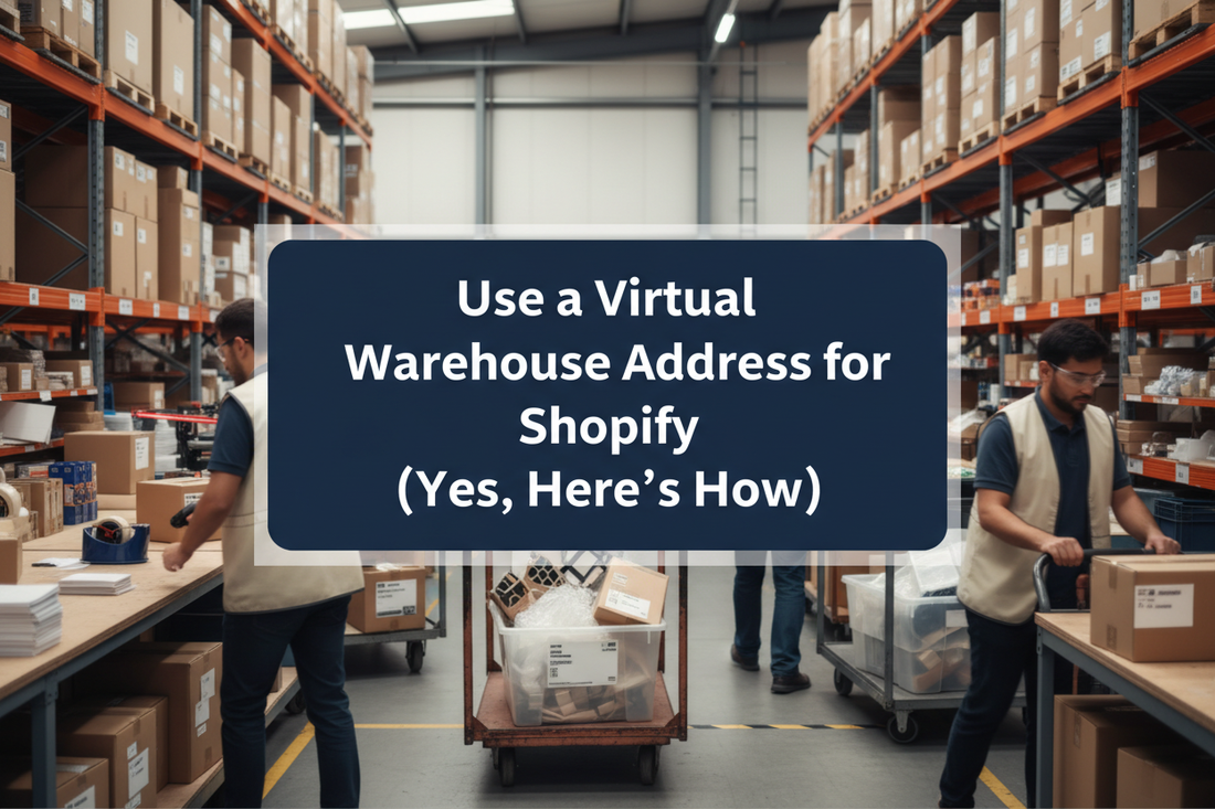 Busy UK ecommerce warehouse with central title panel, packing benches, parcels, returns station and fulfilment activity.