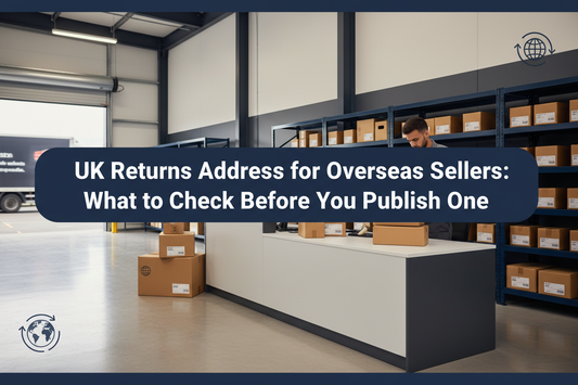 Worker checking returned parcels at a UK warehouse returns desk, with organised shelving and a banner reading “UK Returns Address for Overseas Sellers: What to Check Before You Publish One”