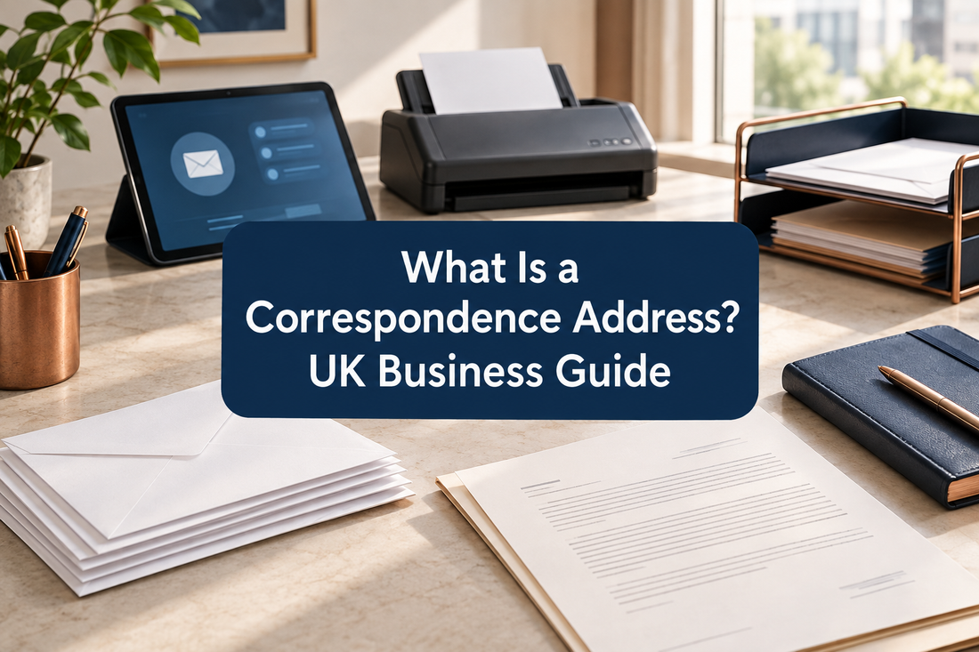 Business correspondence desk with organised envelopes, official documents, document scanner and secure mail tray.⠋