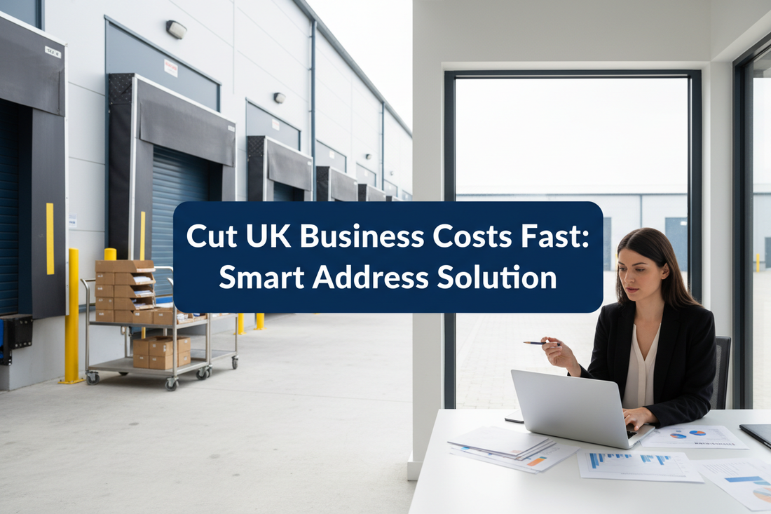 Founder reviewing UK business costs in a bright commercial warehouse office with parcels, mail trays and loading bays, featuring a centred navy panel reading “Cut UK Business Costs Fast: Smart Address Solution”