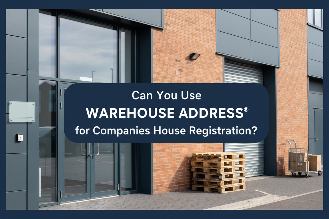Modern UK trading-estate entrance with roller shutter, wrapped pallets and parcel trolley, with a banner reading “Can You Use Warehouse Address® for Companies House Registration?”