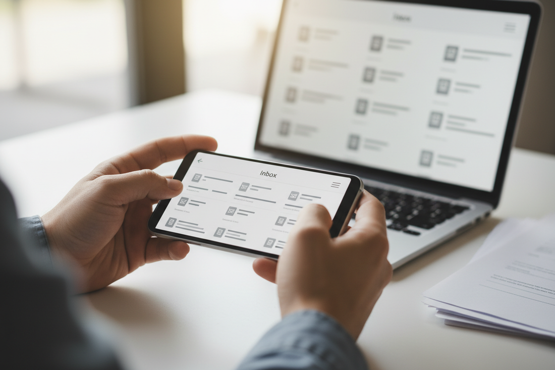 Business owner managing UK mail online with a digital mailbox from Warehouse Address