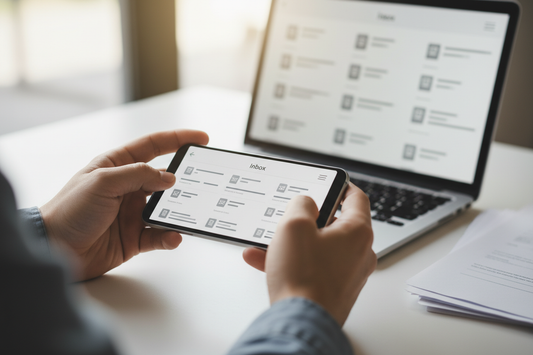 Business owner managing UK mail online with a digital mailbox from Warehouse Address