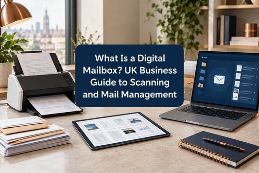 Digital mailbox workspace with document scanner, business envelopes, secure mail tray and online mail-management screen.