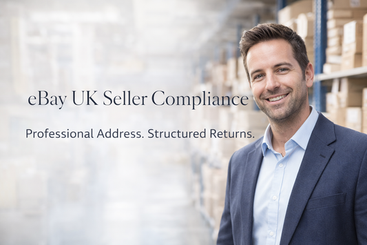 eBay UK seller compliance banner featuring a professional businessman in a warehouse setting highlighting professional address and structured returns handling.