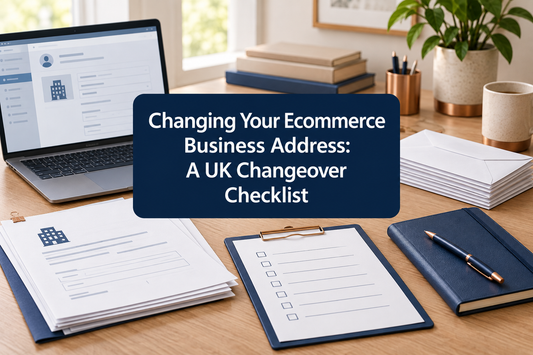 Ecommerce business address change checklist beside company documents, business correspondence and a laptop showing profile settings.⠋