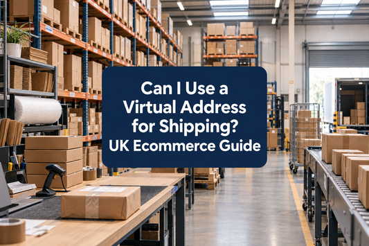 Active UK ecommerce fulfilment warehouse with shelving, pick-and-pack bench, barcode scanner and carrier-ready parcels.