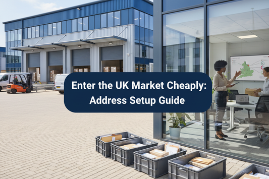 International ecommerce founder planning a lean UK market entry in a bright commercial warehouse office with loading bays, mail trays and parcels, featuring a centred navy panel reading “Enter the UK Market Cheaply: Address Setup Guide”
