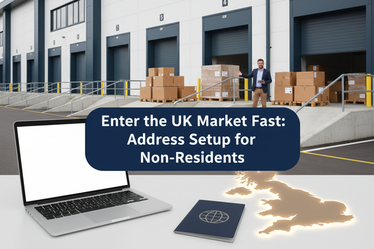 International entrepreneur setting up a UK-facing business beside a professional warehouse with organised parcels and loading bays, with a banner reading “Enter the UK Market Fast: Address Setup for Non-Residents”