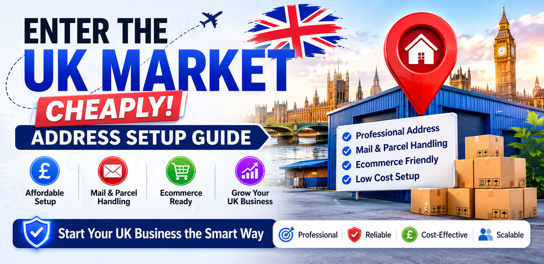 Affordable UK business address setup guide banner featuring UK warehouse address services, parcel handling, ecommerce support, Big Ben, UK map, delivery van, and low-cost UK market entry solutions for startups and online sellers.