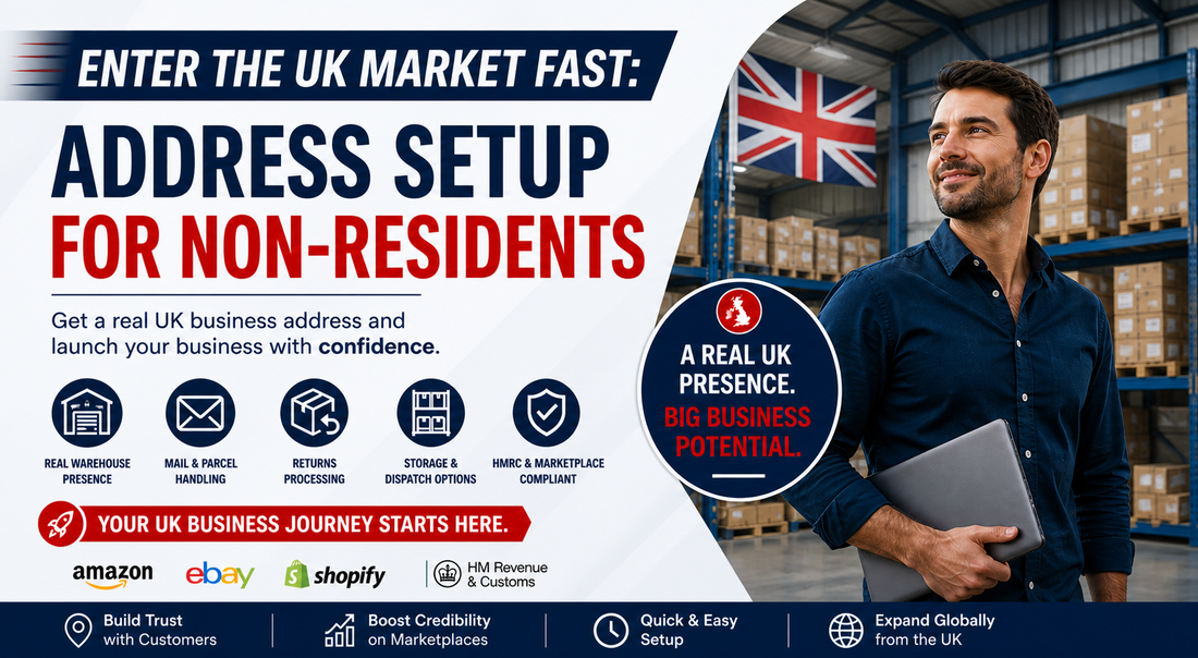 Enter the UK Market Fast banner with warehouse background, highlighting UK address setup for non-residents, featuring professional logistics environment and centred text for Shopify display