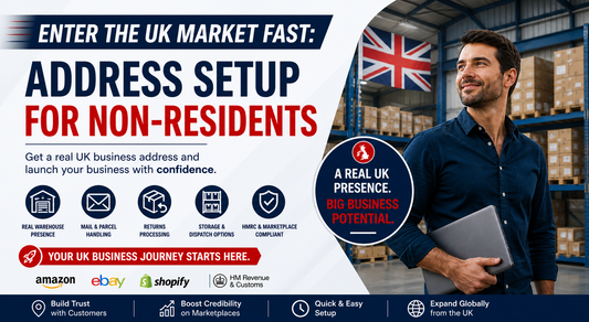 Enter the UK Market Fast banner with warehouse background, highlighting UK address setup for non-residents, featuring professional logistics environment and centred text for Shopify display