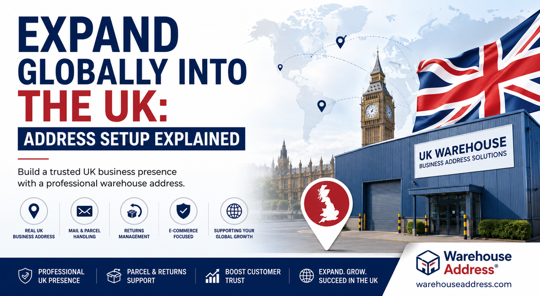 Expand Globally Into the UK banner showing a professional UK warehouse address setup for ecommerce businesses, featuring warehouse operations, UK branding, and global expansion support.