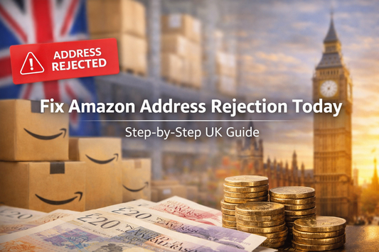 Fix Amazon Address Rejection Today banner showing UK warehouse, Amazon boxes, British currency, Big Ben, and address rejected warning highlighting verification solution