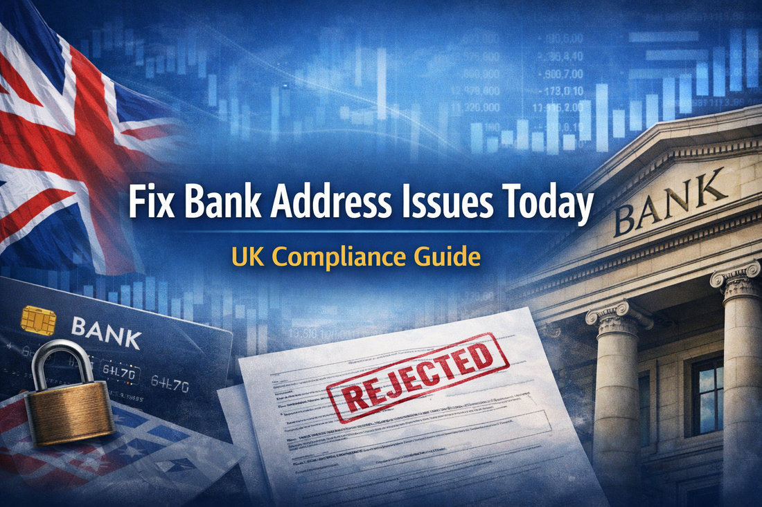 Fix Bank Address Issues Today banner showing UK compliance guide with bank building, UK flag, and rejected document concept
