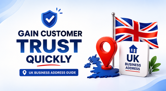 UK business address guide banner showing trust icon, UK map, location pin and Union Jack flag, promoting customer trust and professional business credibility.