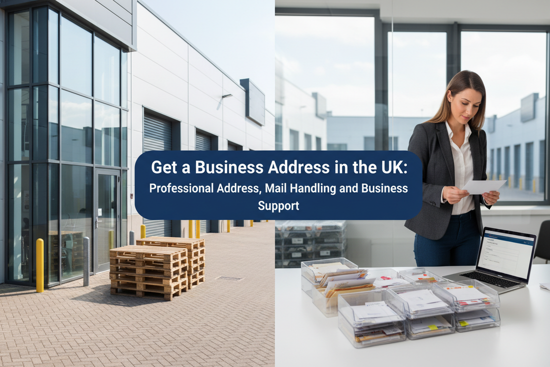Bright UK commercial office with mail trays, letters and business parcels.