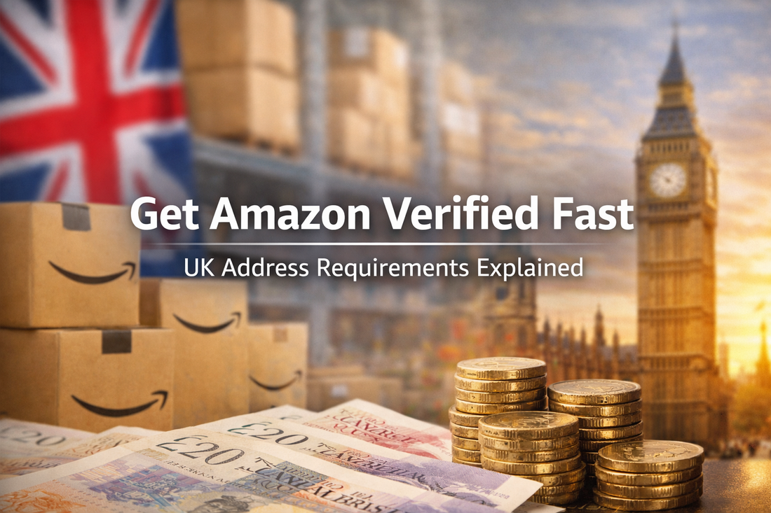 Get Amazon Verified Fast banner showing UK warehouse setting, Amazon boxes, British currency, and Big Ben representing fast Amazon UK verification with compliant address