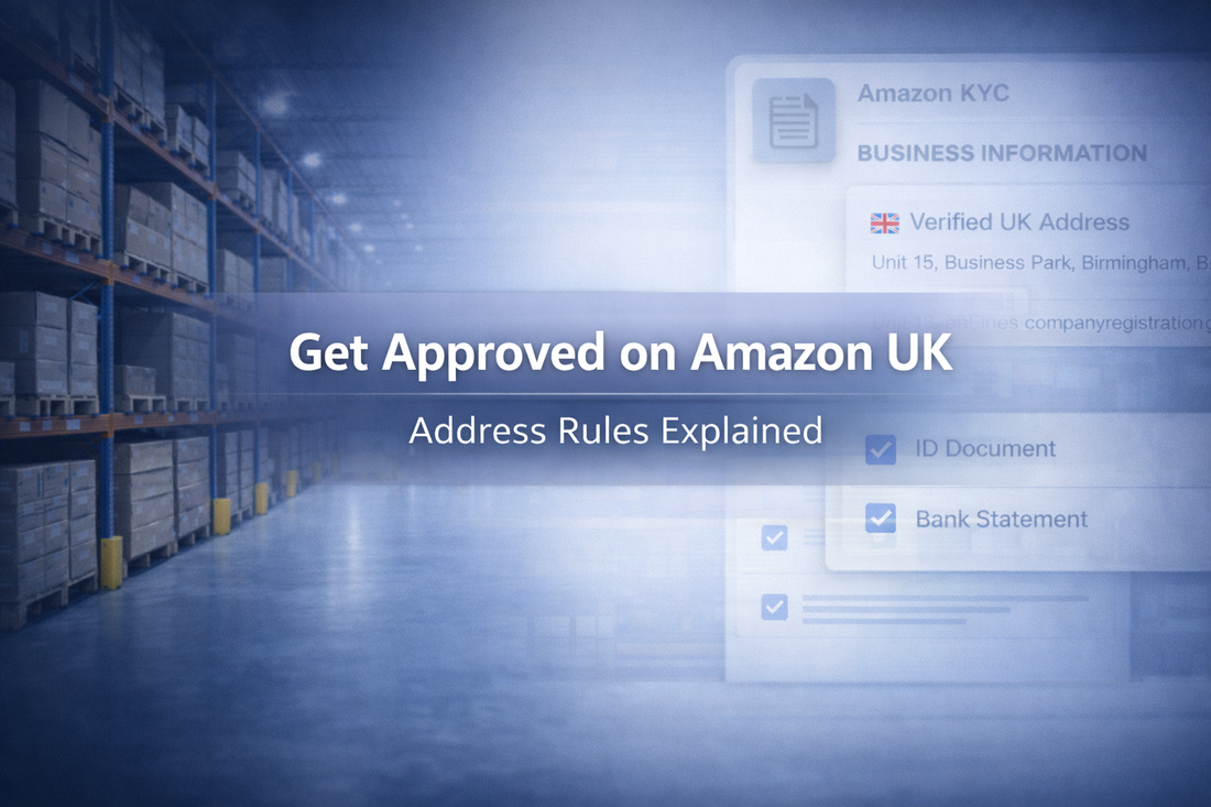 Get approved on Amazon UK address rules explained banner with warehouse and verification interface background