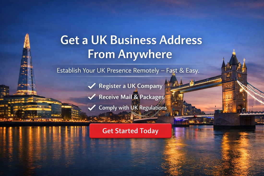 Get a UK Business Address From Anywhere banner with London skyline, Tower Bridge and The Shard, highlighting remote UK company setup, mail handling, and compliance services.