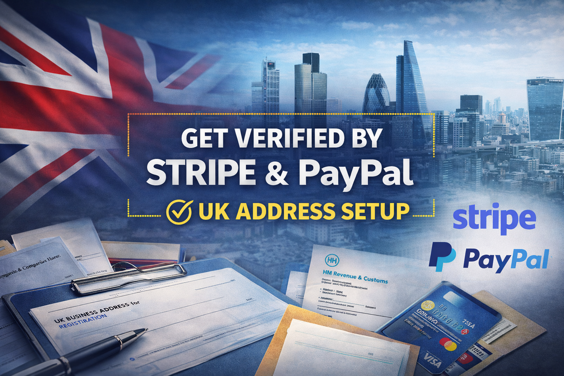 Get verified by Stripe and PayPal banner showing UK flag, London skyline, payment logos and documents highlighting UK address setup
