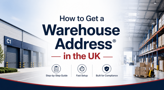 How to Get a Warehouse Address® in the UK banner with modern trading estate warehouse and professional business setting