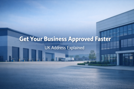 Get your business approved faster with a UK trading address explained banner on a modern warehouse background