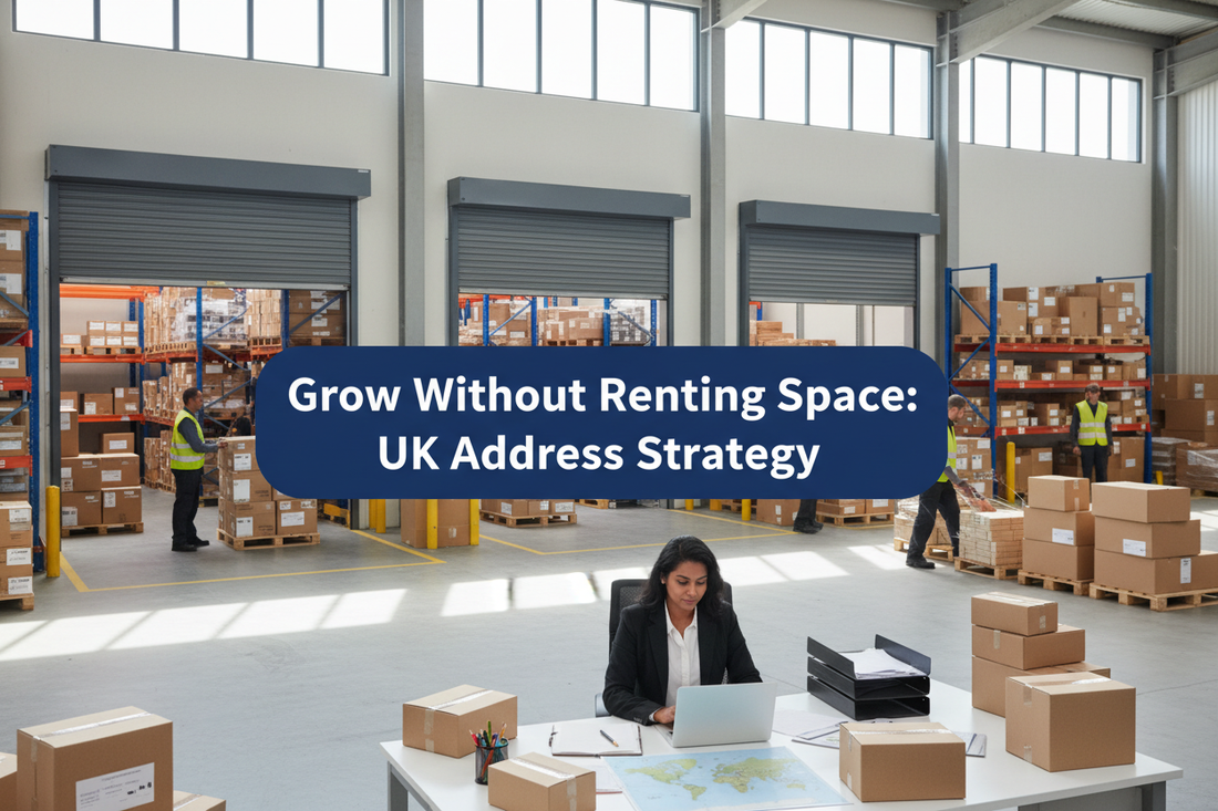 Remote international founder reviewing UK growth operations in a bright commercial warehouse office with parcels, mail trays and loading bays, featuring a slightly raised navy panel reading “Grow Without Renting Space: UK Address Strategy”