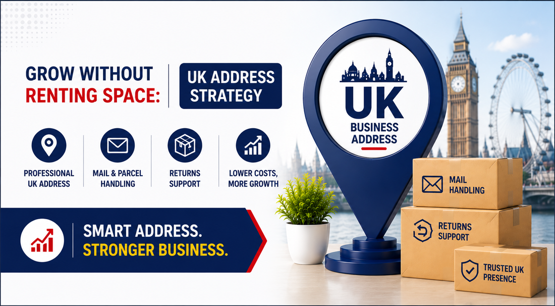 Grow without renting space banner featuring a UK address strategy, mail handling, returns support, and business growth solutions