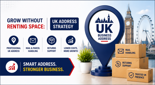 Grow without renting space banner featuring a UK address strategy, mail handling, returns support, and business growth solutions