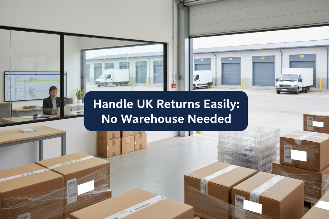 Bright UK warehouse office with returned parcels, mail trays and returns handling.