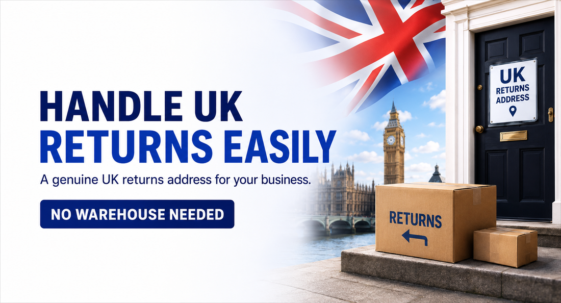 UK returns address service with parcels outside a British warehouse door