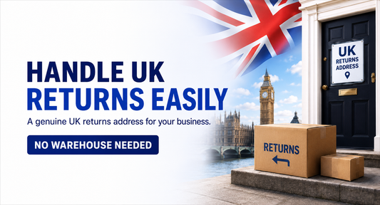 UK returns address service with parcels outside a British warehouse door