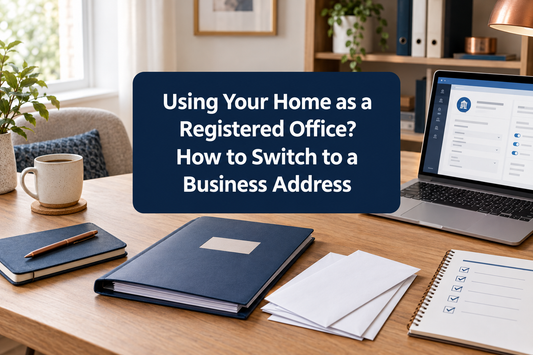 Home-office desk with company records, business correspondence and a registered-office change checklist.