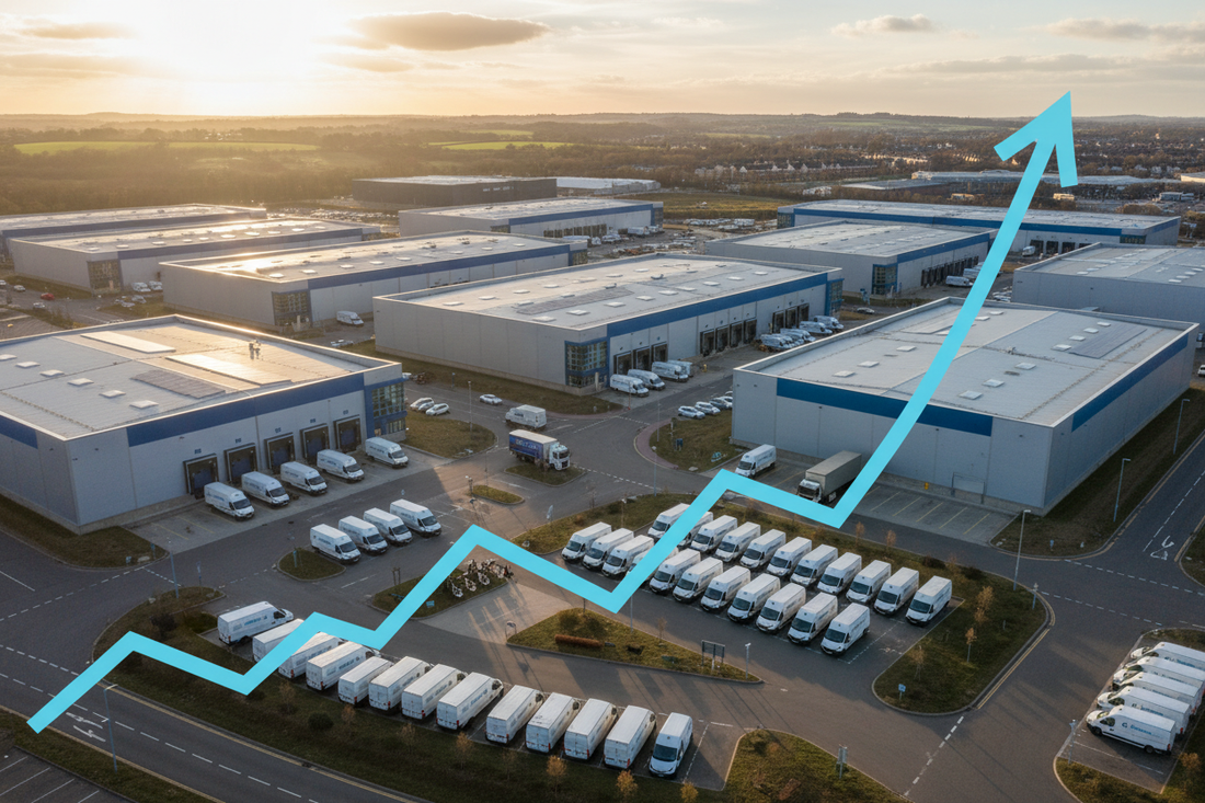 Aerial view of a busy UK commercial trading estate with warehouse units and courier vans, illustrating how a virtual warehouse address unlocks business growth for e-commerce sellers