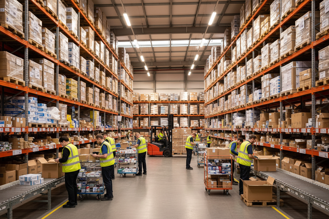 Busy UK commercial warehouse interior with workers packing parcels for Australian sellers using a virtual warehouse address