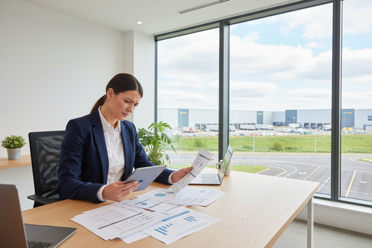 Person reviewing a checklist at a desk with a UK warehouse trading estate visible through the window, illustrating how to choose the right virtual warehouse address provider