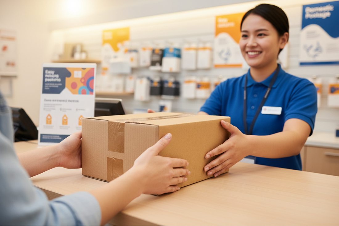 UK buyer handing in a Shopify store return at a local courier drop-off point using a UK returns address
