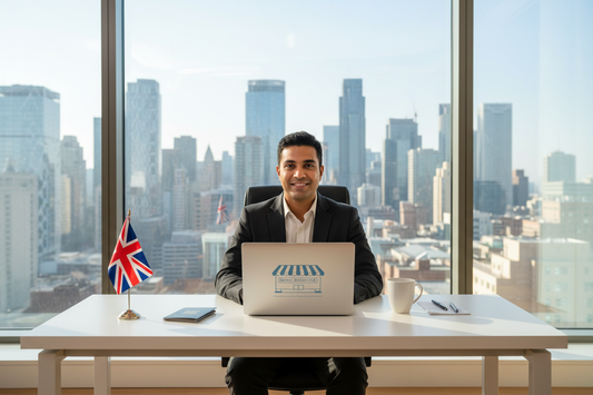 International seller working from a home office with a laptop and UK flag on the desk, representing how to sell in the UK without living in the UK